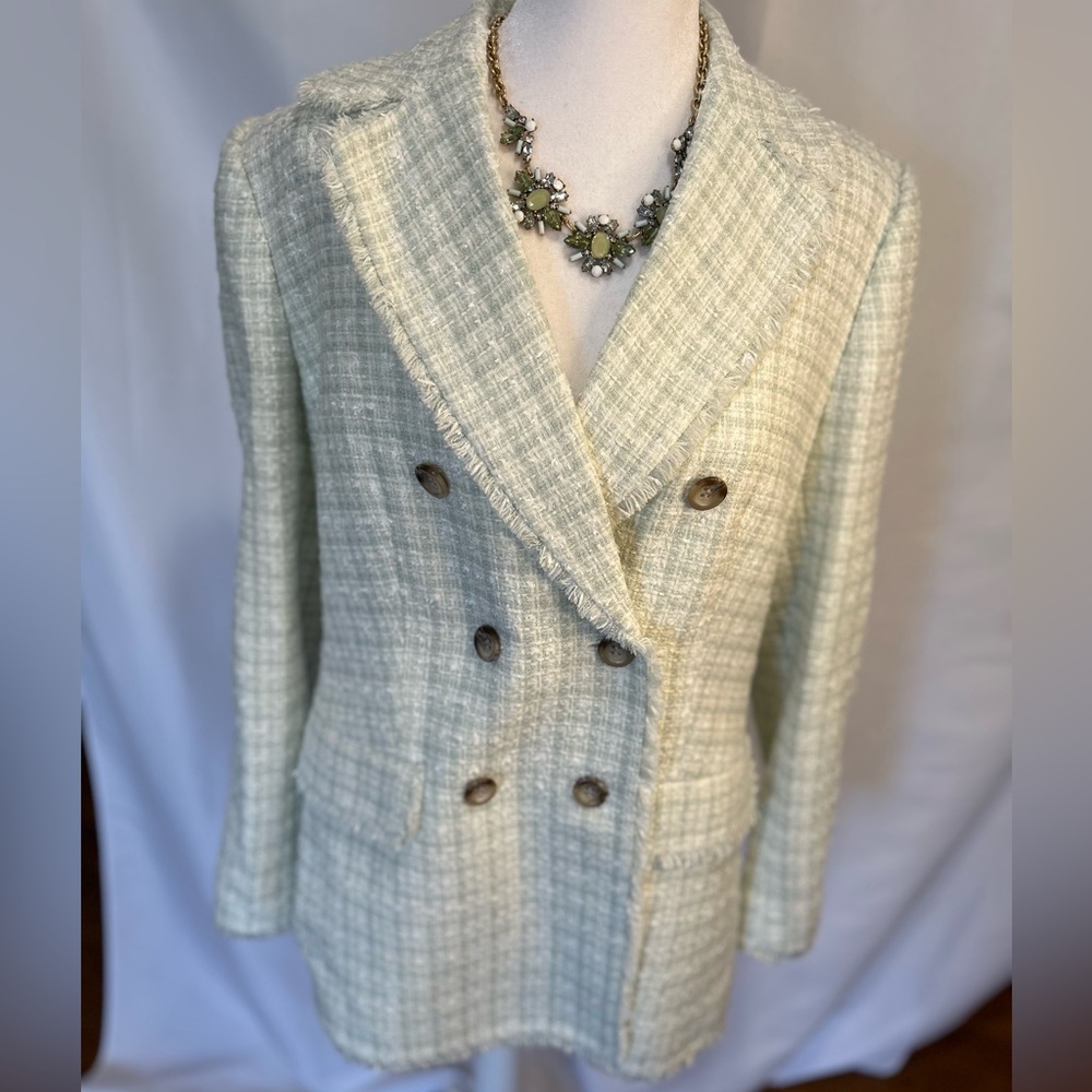 BRAND NEW WT ANN TAYLOR DOUBLE BREASTED TWEED BLAZER IN MINT GREEN AND WHITE S12